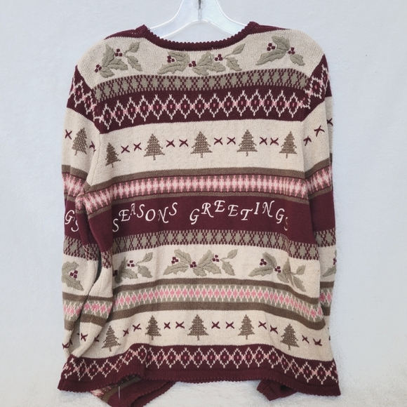 Pretty Christmas Sweater Tan Burgundy SEASONS GREETINGS Vintage 90s - Picture 5 of 7
